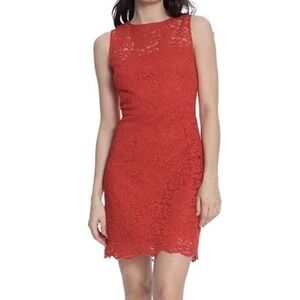 ✨Donna Morgan Coral Pink Lace Sheath Dress Sleeveless Knee Length 10 Cocktail #